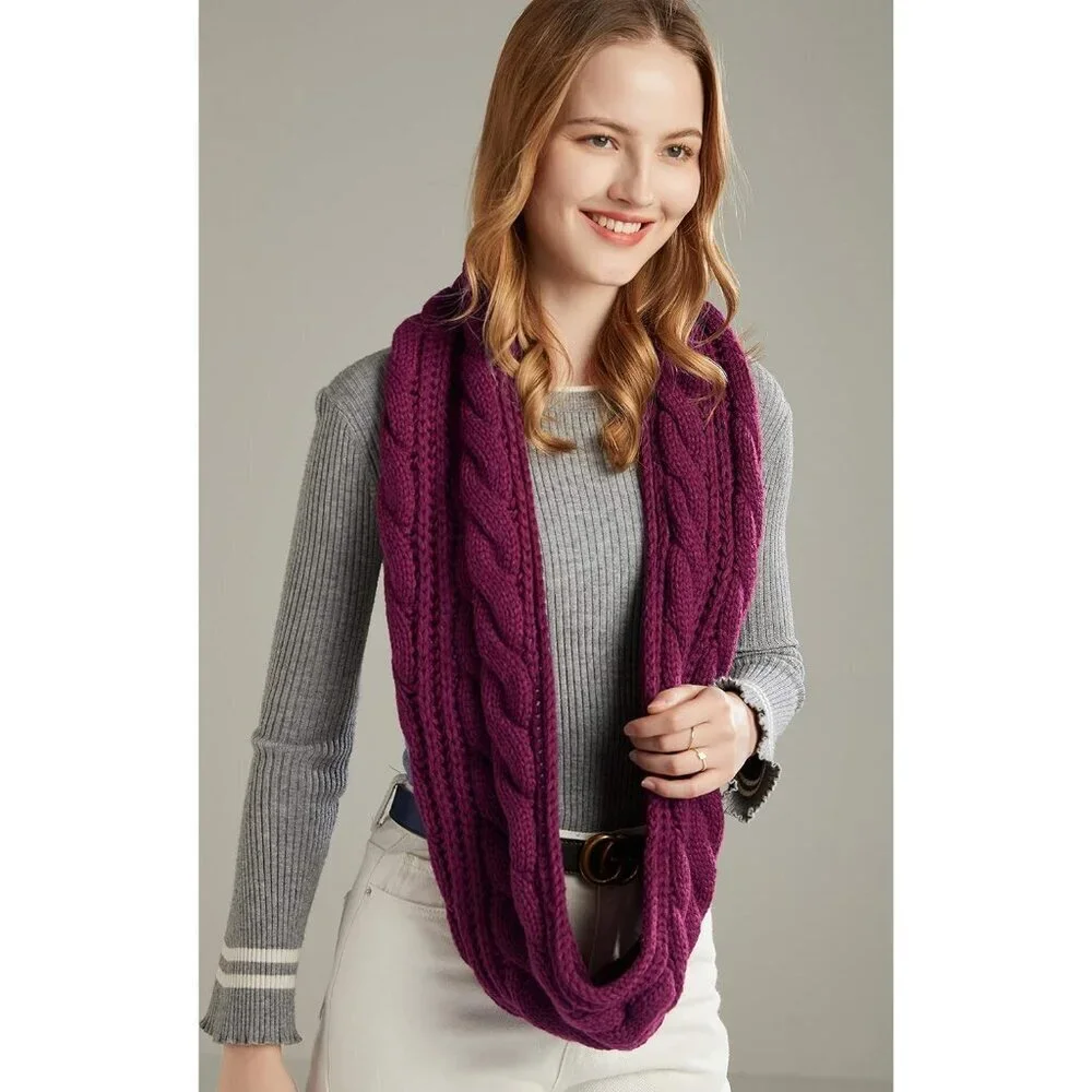 Women's Twist Purple Red Thick Ribbed Knit Winter Infinity Circle Loop Scarf